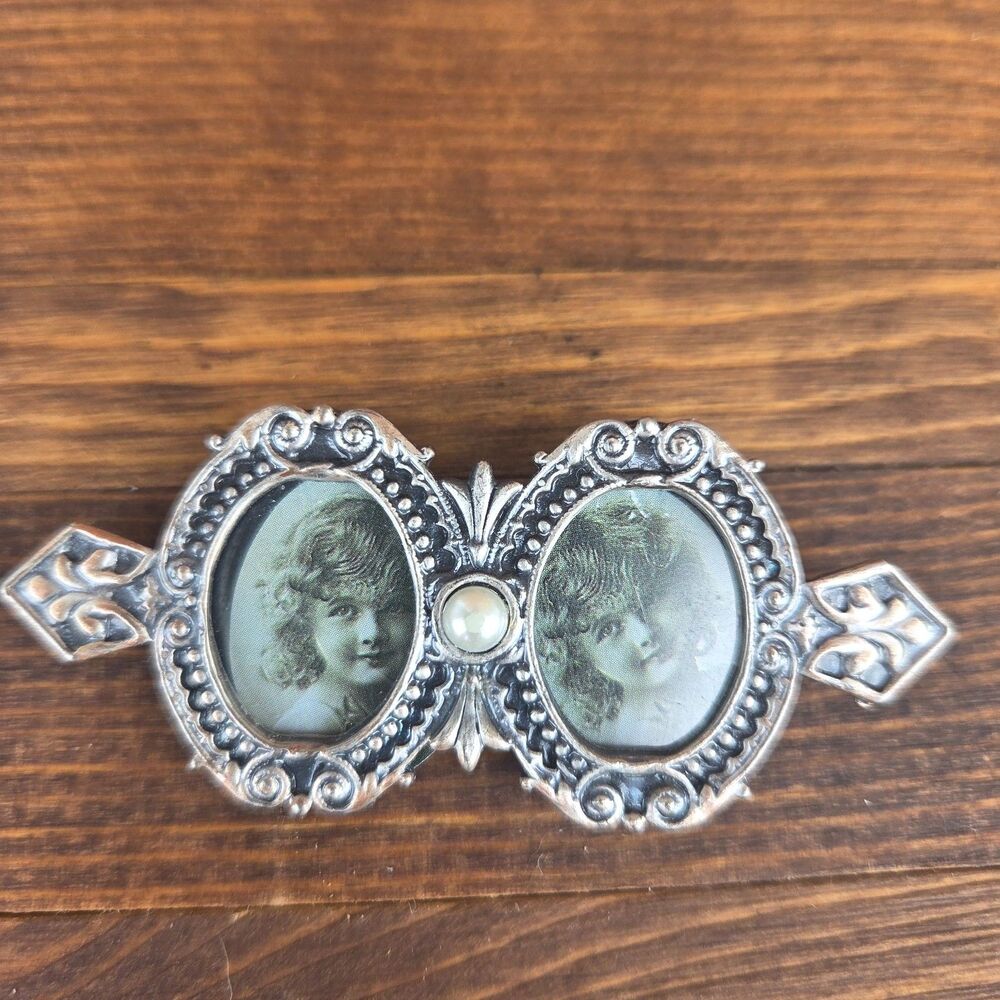 Vintage Double Portrait Photo Brooch Faux Pearl Victorian Revival 3 Inch